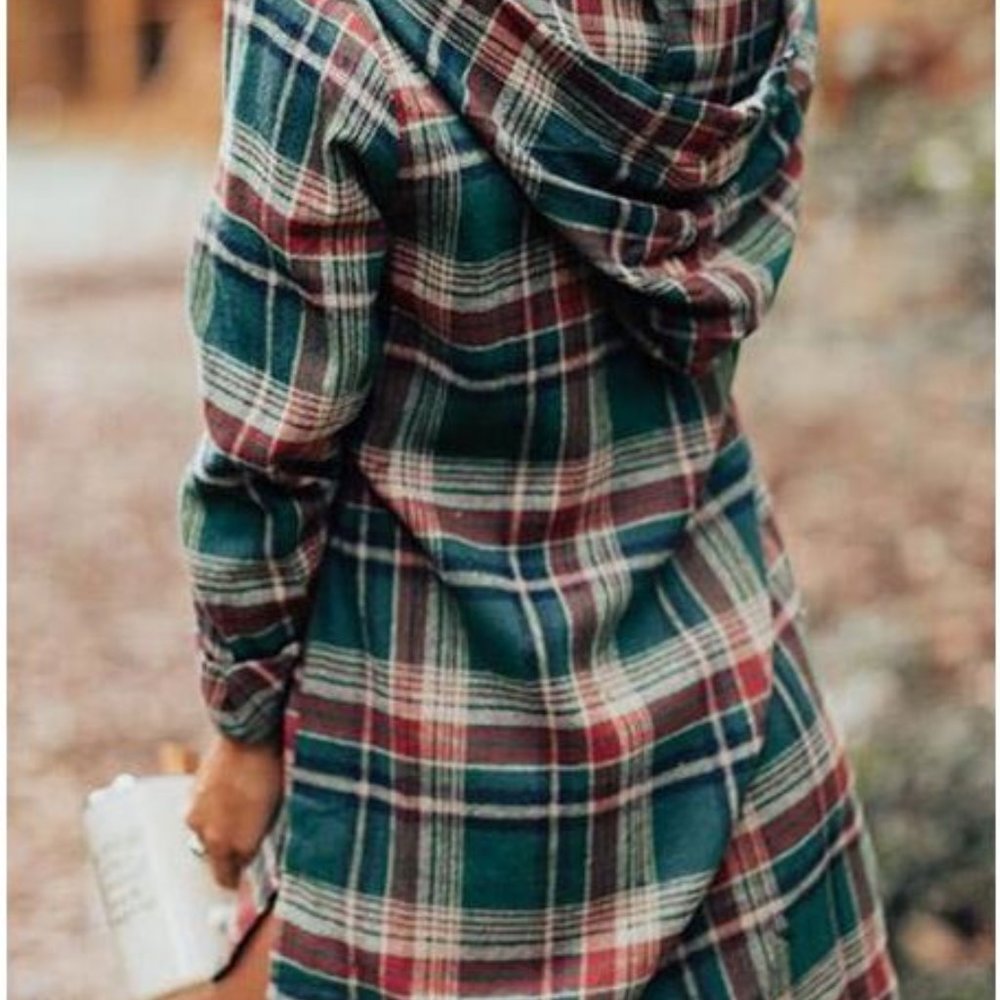 Green Plaid Hooded Button Pocket High-Low Dress - Picture 3 of 4